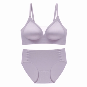 Detail view of seamless light purple bra set with V-neck mesh trim and smooth high-waist briefs