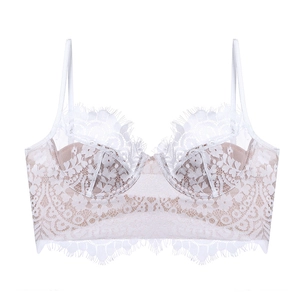 Detail of white eyelash lace bra with underwire support and thin shoulder straps