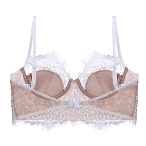 Detailed view of delicate white eyelash lace bra with nude padding and underwire