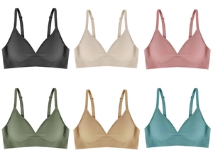 Detail showing seamless wireless bras in six colors with thin adjustable straps