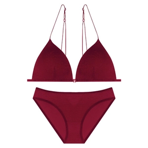 Dark red French style thin strap wireless triangle bra set with seamless design