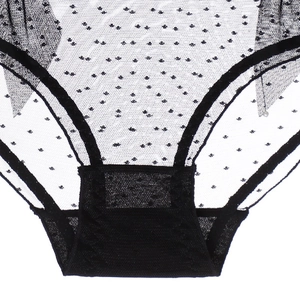 Détail d'une culotte en maille noire transparente avec motif à pois et finitions soignées