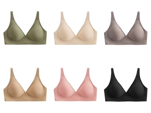 Seamless V-neck bras in six colors showing elastic skin-friendly fabric and wireless design