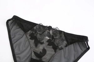 Detailed view of black breathable mesh panties featuring delicate rose embroidery and lace