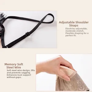 Detail view of adjustable straps and supportive memory wire on black lace bra