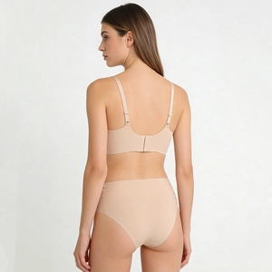 Seamless skin-tone mesh V-neck lingerie set with high-waist panties and back closure
