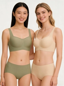 Detail view of seamless square neck bralette set in moss green and beige colors