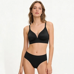 Seamless black V-neck lingerie set with mesh details and adjustable straps for women