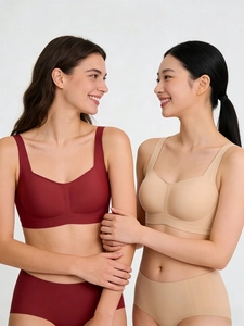 Detail view of seamless wire-free square neck bra and high waist panties set in wine red