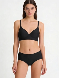 Front view of seamless black V-neck jelly bra and matching mid-waist brief lingerie set