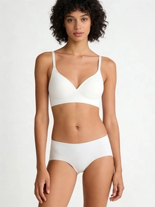 Detailed view of seamless white jelly bra set with deep V neckline and soft microfiber
