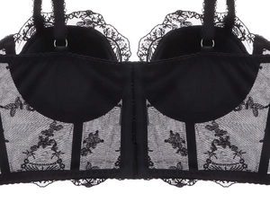 Détail de broderie en dentelle française et mesh sur le dos d'un soutien-gorge noir
