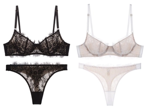 Détails de l'ensemble de lingerie en dentelle florale avec bonnets fins et strings