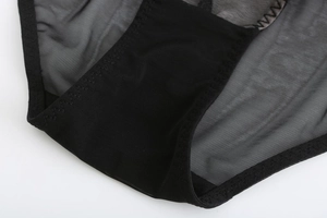 Detail of black sheer mesh fabric with reinforced scalloped stitching on the bralette
