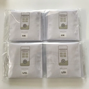 Packaged seamless antibacterial panties in white paper boxes showing size and style line art