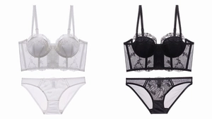 Détails de broderie en dentelle française et maille transparente sur le soutien-gorge et culotte