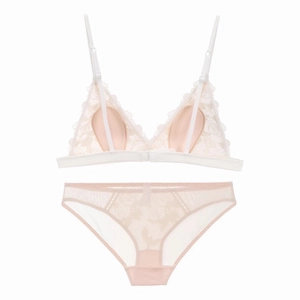Detail of white lace bralette and panty set featuring floral embroidery and mesh texture