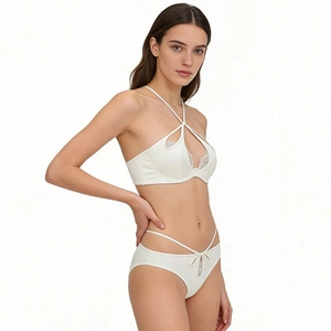 French sexy white satin lingerie set with lace trim and hollow cross neck design