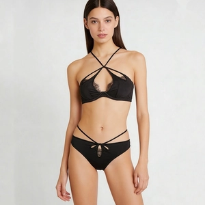 French sexy black satin lingerie set with lace details and crisscross strappy design