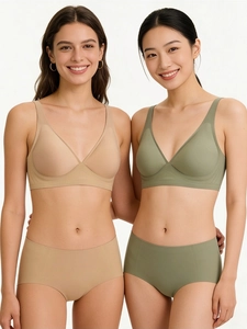 Close-up of seamless wireless jelly bra set in skin tone and olive green colors