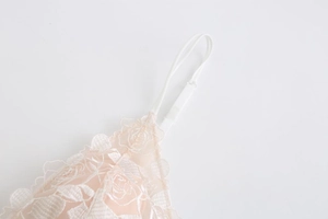 Detail of rose embroidery on sheer mesh bralette with adjustable thin white straps
