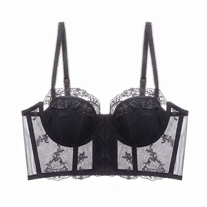 Soutien-gorge corbeille en dentelle noire brodée avec armature et tulle transparent