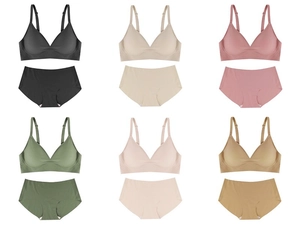 Detail view of seamless wireless bra sets in six colors with ribbed fabric texture