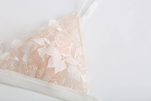 Detailed macro view of delicate rose embroidery on sheer mesh triangle bralette cups