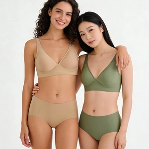 Seamless jelly wireless bra and high-waisted briefs set in nude and olive green tones