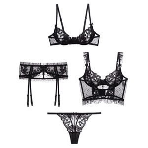 French Embroidery Lace Sexy Lingerie Set Women Ultra Thin See Through Hollow Out Bra Panties Garter Bustier Romantic Lingerie
