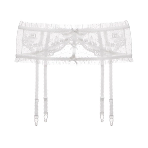 Detailed close-up of white floral lace garter belt with elegant bow accents