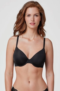 Front view of seamless black push-up bra and lace panties set on a model