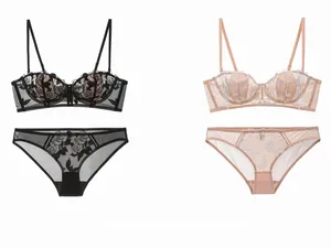Detail of French bralette sets featuring floral rose embroidery on sheer lace cups