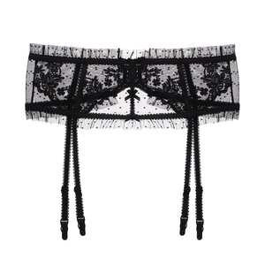 Detailed view of black floral lace garter belt with adjustable straps and bow