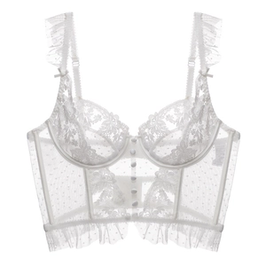 Close-up of white floral lace lingerie with dot mesh and ruffle strap details