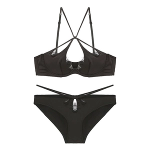 Set lingerie sexy francese in raso nero con pizzo e cinturini incrociati