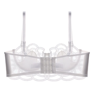 Detail view of white lace bra back with triple hook-and-eye closure and mesh band