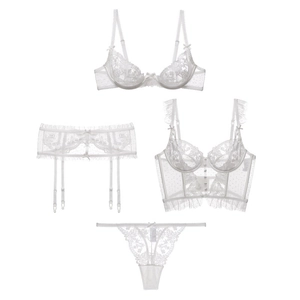 White French lace lingerie set with floral embroidery and bow details, four-piece set