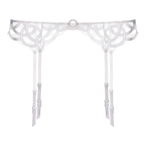 Detail of white lace garter belt with adjustable straps and circular mesh pattern