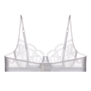 Detail view of white mesh bra back with adjustable straps and fine embroidery lace