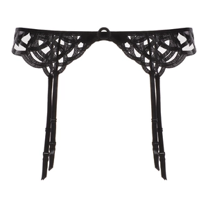 Detailed view of black lace garter belt with adjustable straps and satin finish details