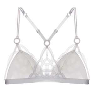 Detail of white lace bralette featuring intricate geometric hollow woven patterns