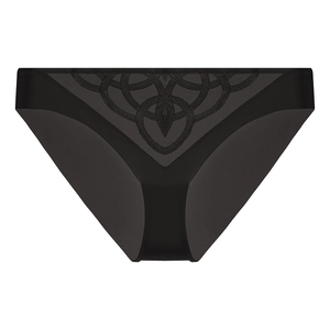 Detailed view of black lace panties with intricate triangular embroidery and sheer mesh mesh