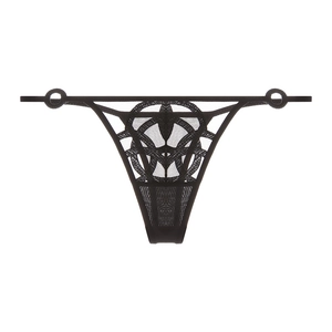 Detail of black lace thong with intricate floral embroidery and thin elastic straps