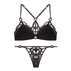 Set bralette e perizoma in rete geometrica nera con dettagli ricamati in pizzo elegante