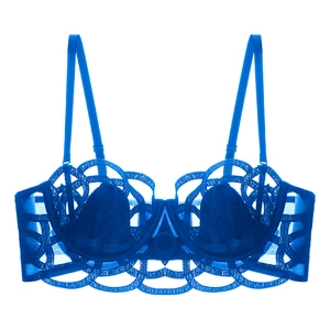 Detailed view of royal blue sheer floral lace embroidery and sheer mesh on a sexy bra