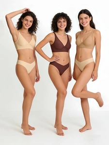 Three-color seamless V-shaped lingerie sets in neutral tones for comfortable daily wear