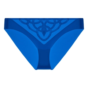 Detailed view of elegant blue lace embroidery on breathable high-quality lingerie panties