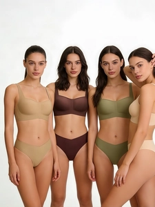 Seamless V-cut thong and bra sets in nude, brown, olive and beige high-elastic fabric