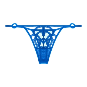 Detail view of royal blue lace thong featuring geometric hollow patterns and elastic side straps